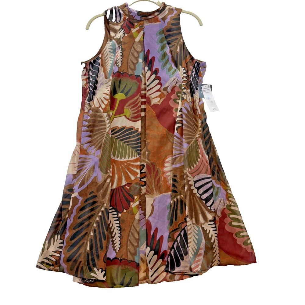 NWT Robbie Bee Brown Multi Chiffon Shift Dress Womens 8 Tie Back Neckline